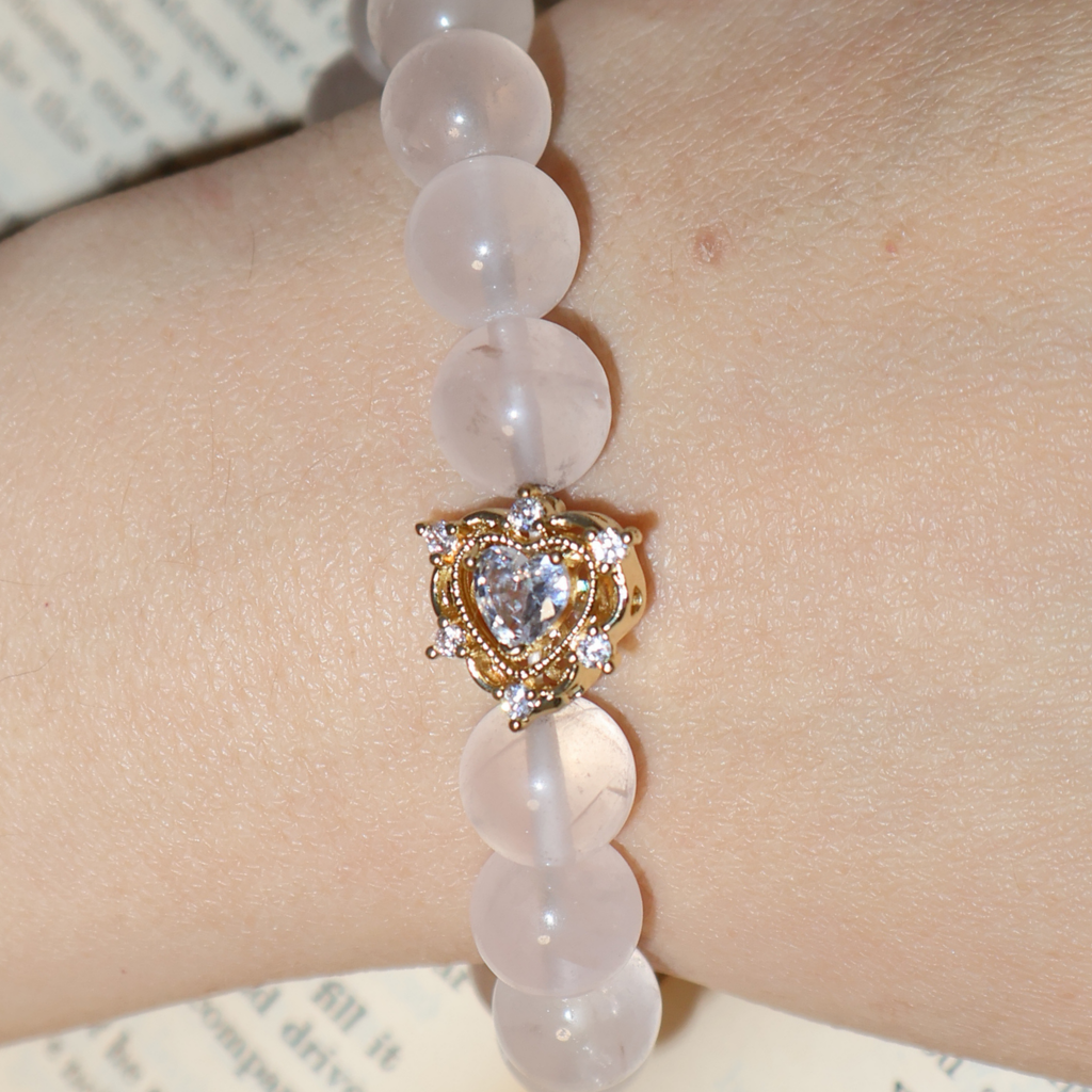 Natural Rose Quartz Crystal Stretch Bracelet | Double Sweet Heart Charms (10mm, ONE SIZE)