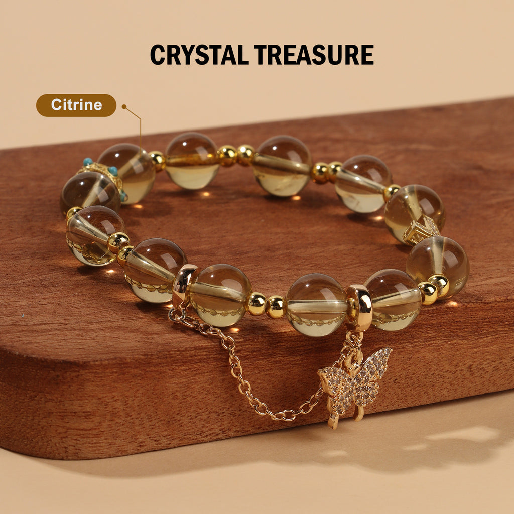 Luxe Citrine Charm Stretch Bracelet (10mm, ONE SIZE) | Crown + Cross + Butterfly