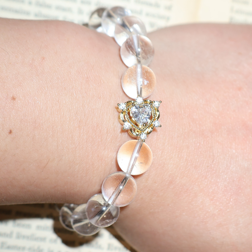 Natural Clear Quartz Crystal Stretch Bracelet | Double Sweet Heart Charms (10mm, ONE SIZE)