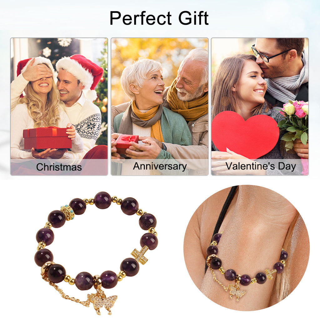 Regal Amethyst Charm Stretch Bracelet (10mm, ONE SIZE) | Crown + Cross + Butterfly