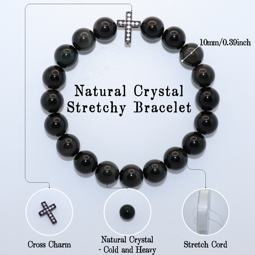 Natural Black Crystal Stretch Bracelet | Diamond Cross Charm (10mm, ONE SIZE)