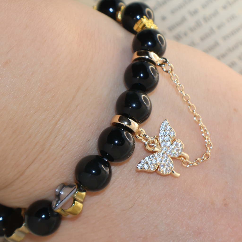 Natural Obsidian Garden Charm Stretch Bracelet (10mm, ONE SIZE)