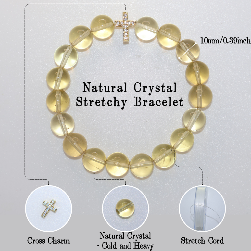 Natural Citrine Crystal Stretch Bracelet | Diamond Cross Charm (10mm, ONE SIZE)