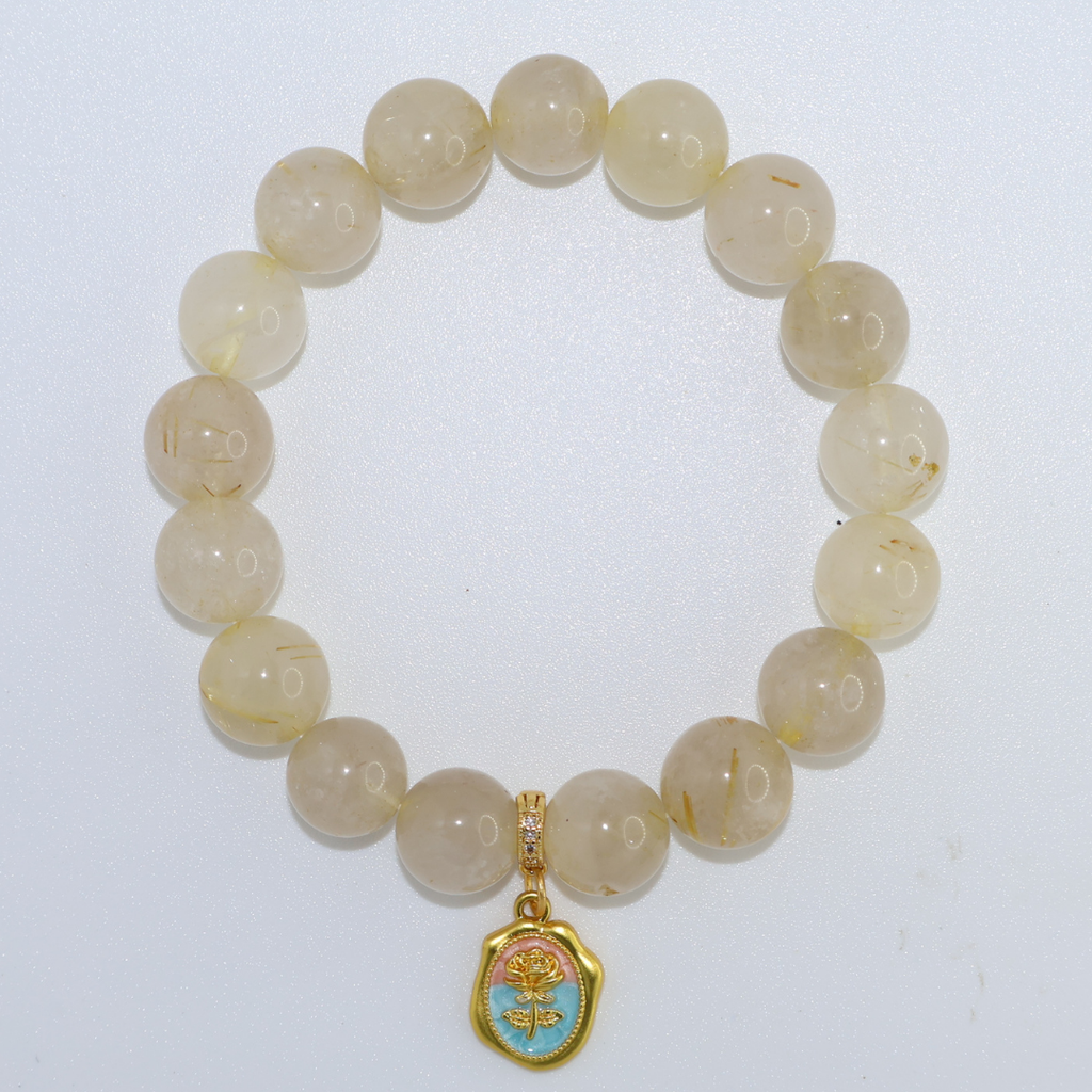 Natural Rutilated Quartz Crystal Stretch Bracelet | Interchangeable Rotatable Charms (10mm, ONE SIZE)