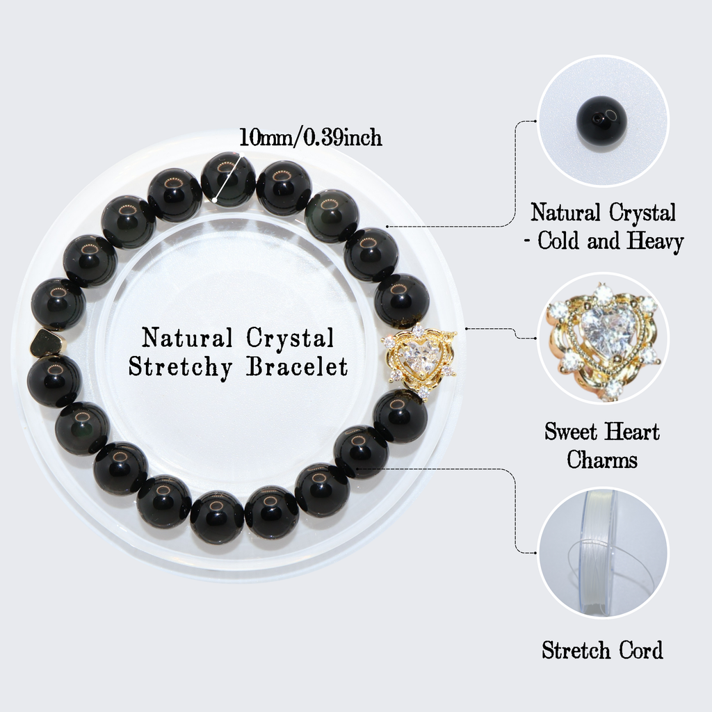 Natural Obsidian Crystal Stretch Bracelet | Double Sweet Heart Charms (10mm, ONE SIZE)