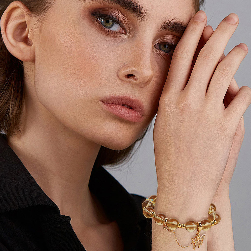 Luxe Citrine Charm Stretch Bracelet (10mm, ONE SIZE) | Crown + Cross + Butterfly
