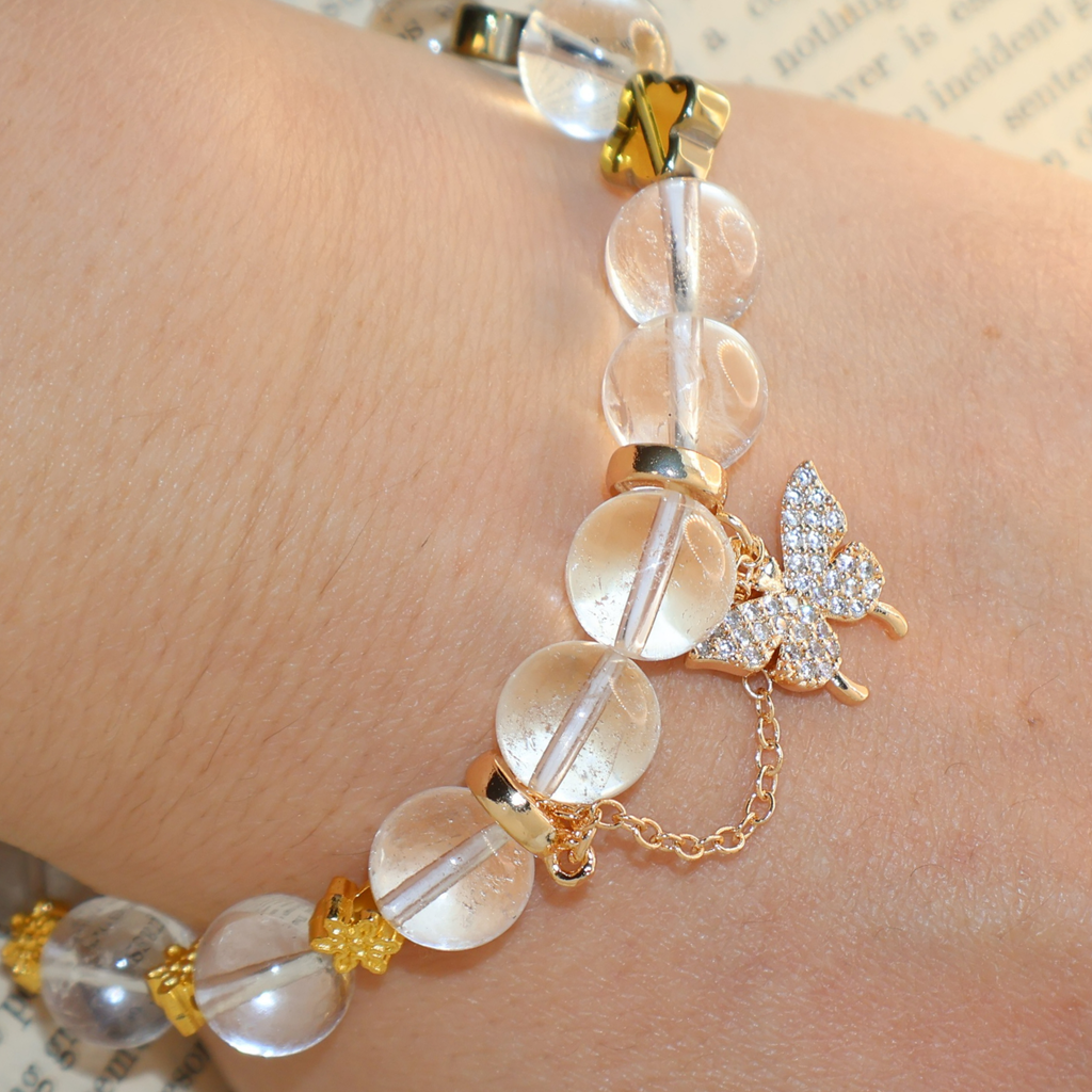Natural Clear Quartz Garden Charm Stretch Bracelet (10mm, ONE SIZE)