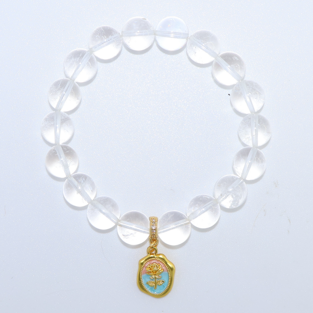 Natural Clear Quartz Crystal Stretch Bracelet | Interchangeable Rotatable Charms (10mm, ONE SIZE)