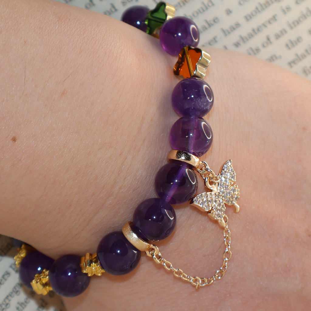 Natural Amethyst Garden Charm Stretch Bracelet (10mm, ONE SIZE)