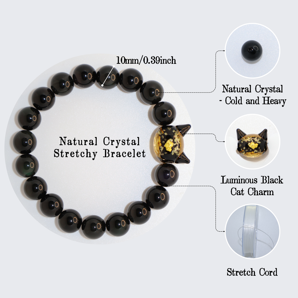 Natural Obsidian Crystal Stretch Bracelet | Luminous Black Cat Charm (10mm, ONE SIZE)
