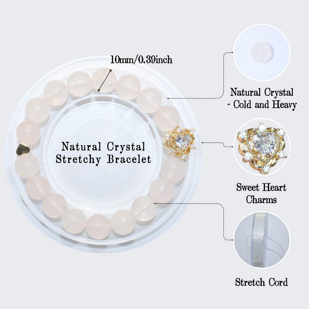 Natural Rose Quartz Crystal Stretch Bracelet | Double Sweet Heart Charms (10mm, ONE SIZE)