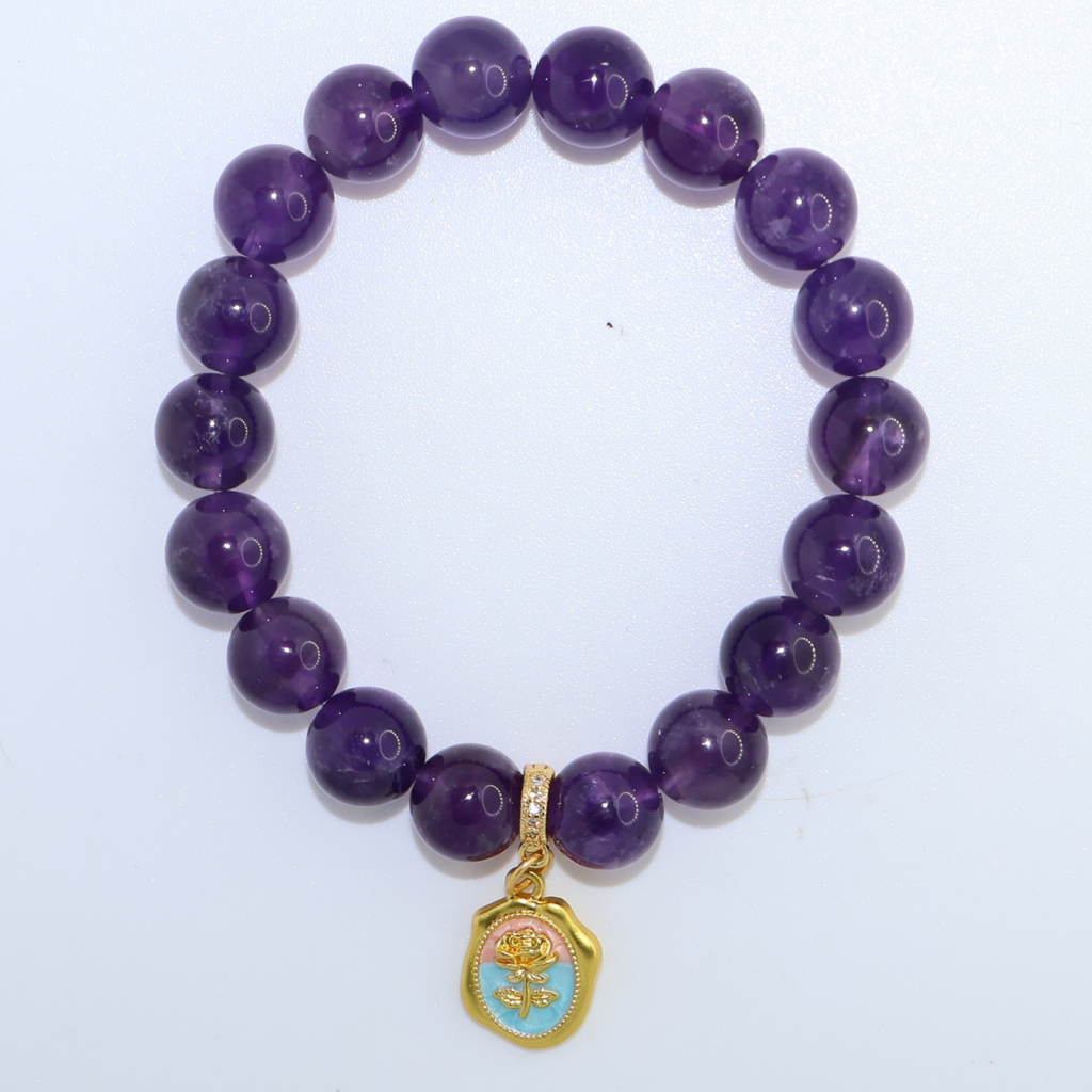 Natural Amethyst Crystal Stretch Bracelet | Interchangeable Rotatable Charms (10mm, ONE SIZE)