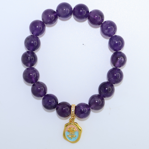 Natural Amethyst Crystal Stretch Bracelet | Interchangeable Rotatable Charms (10mm, ONE SIZE)