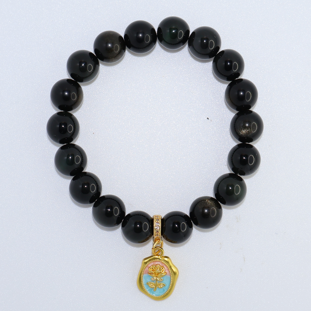 Natural Obsidian Crystal Stretch Bracelet | Interchangeable Rotatable Charms (10mm, ONE SIZE)