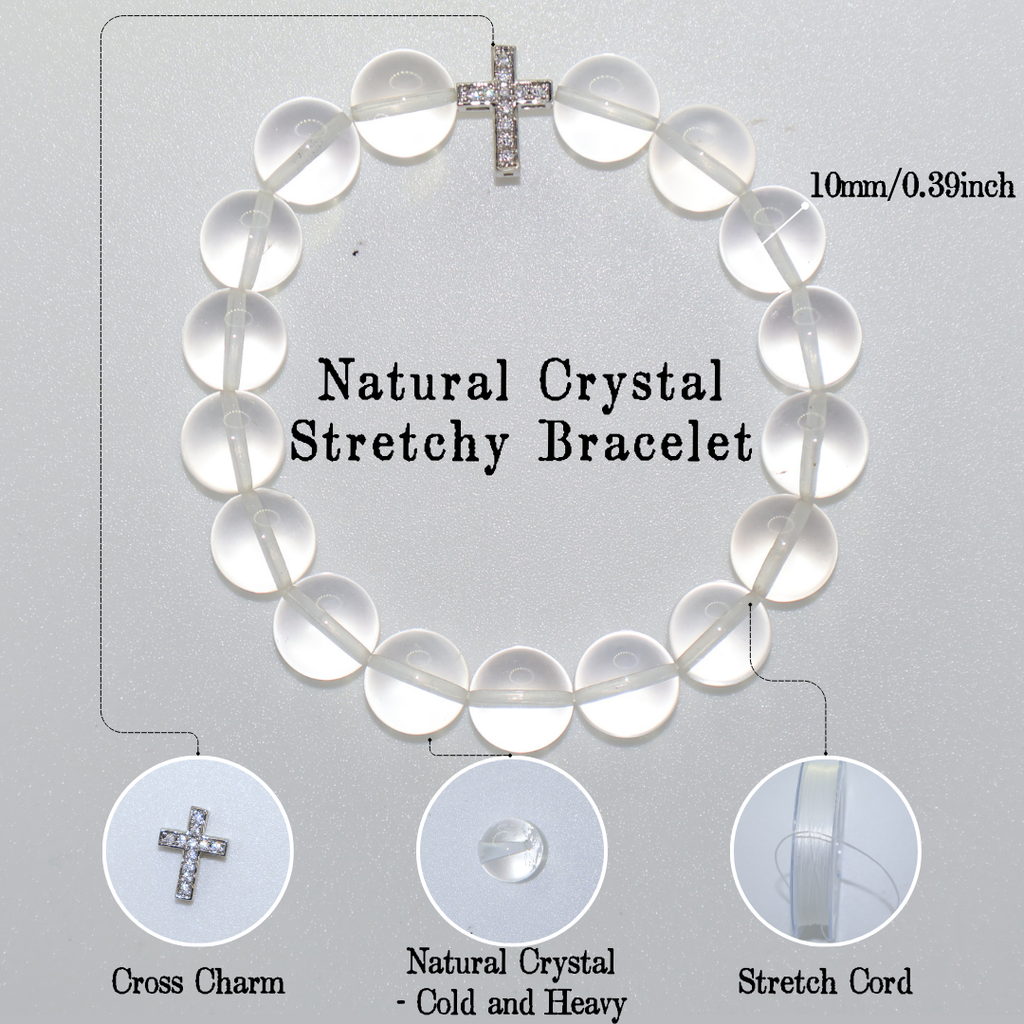 Natural Clear Quartz Crystal Stretch Bracelet | Diamond Cross Charm(10mm, ONE SIZE)