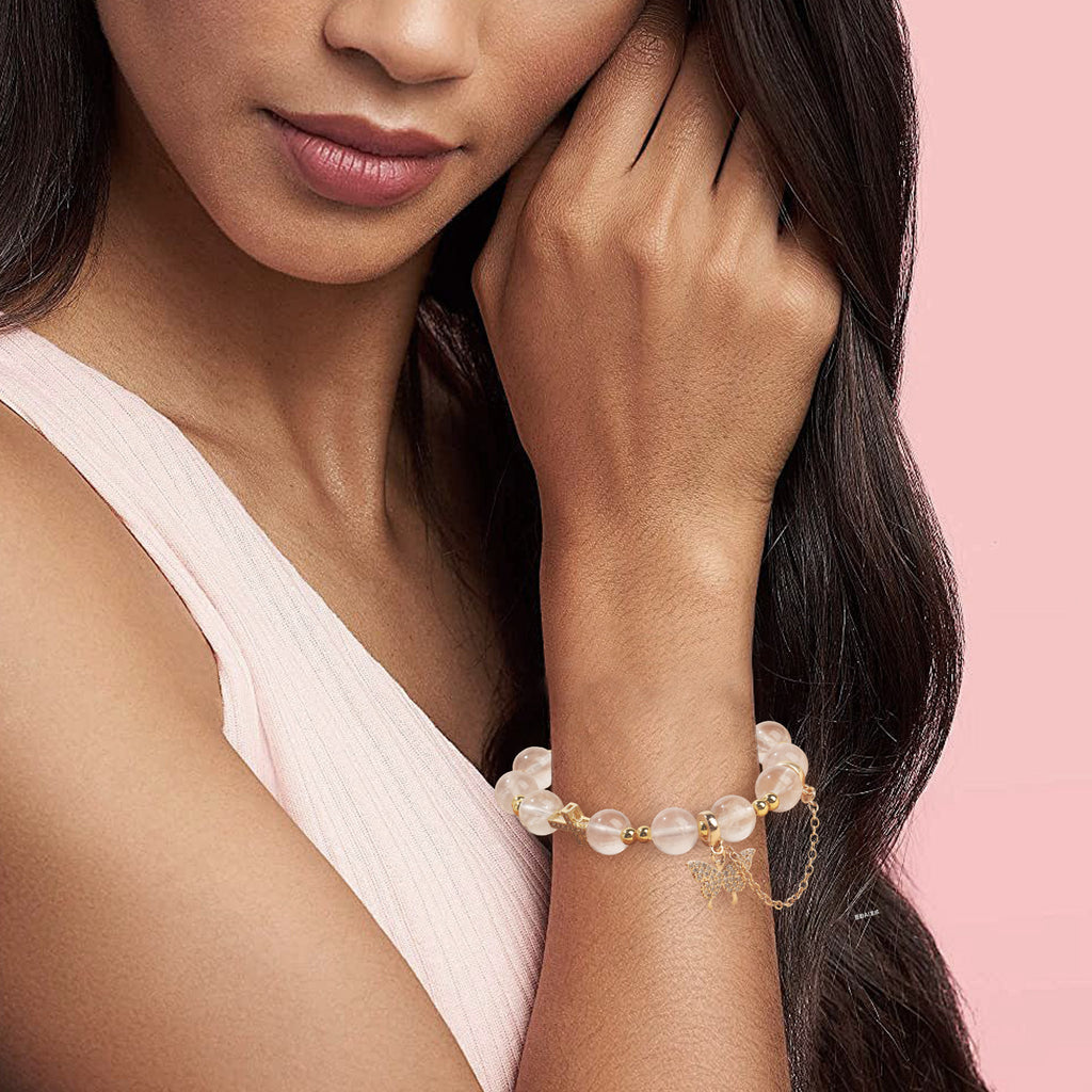 Luminous Clear Quartz Charm Stretch Bracelet (10mm, ONE SIZE) | Crown + Cross + Butterfly
