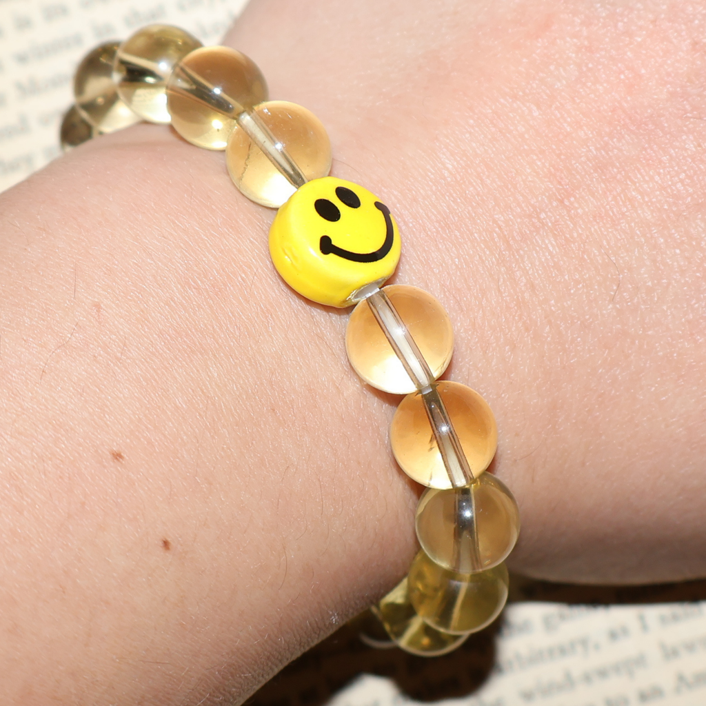 Natural Citrine Crystal Stretch Bracelet | Smiley Face Charm (10mm, ONE SIZE)