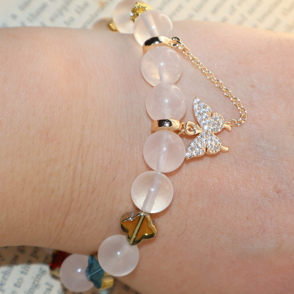 Natural Rose Quartz Garden Charm Stretch Bracelet (10mm, ONE SIZE)