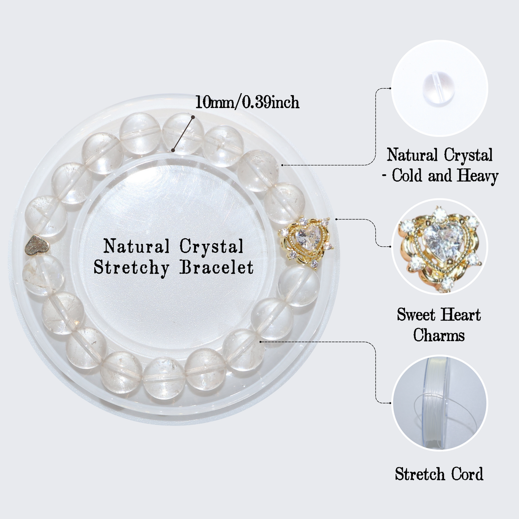Natural Clear Quartz Crystal Stretch Bracelet | Double Sweet Heart Charms (10mm, ONE SIZE)