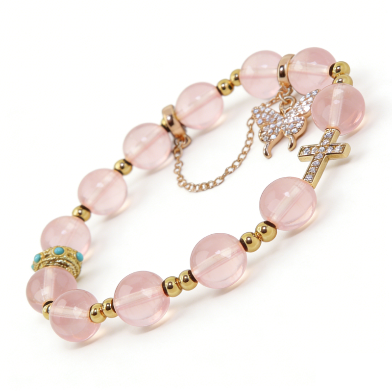 Romantic Rose Quartz Charm Stretch Bracelet (10mm, ONE SIZE) | Crown + Cross + Butterfly