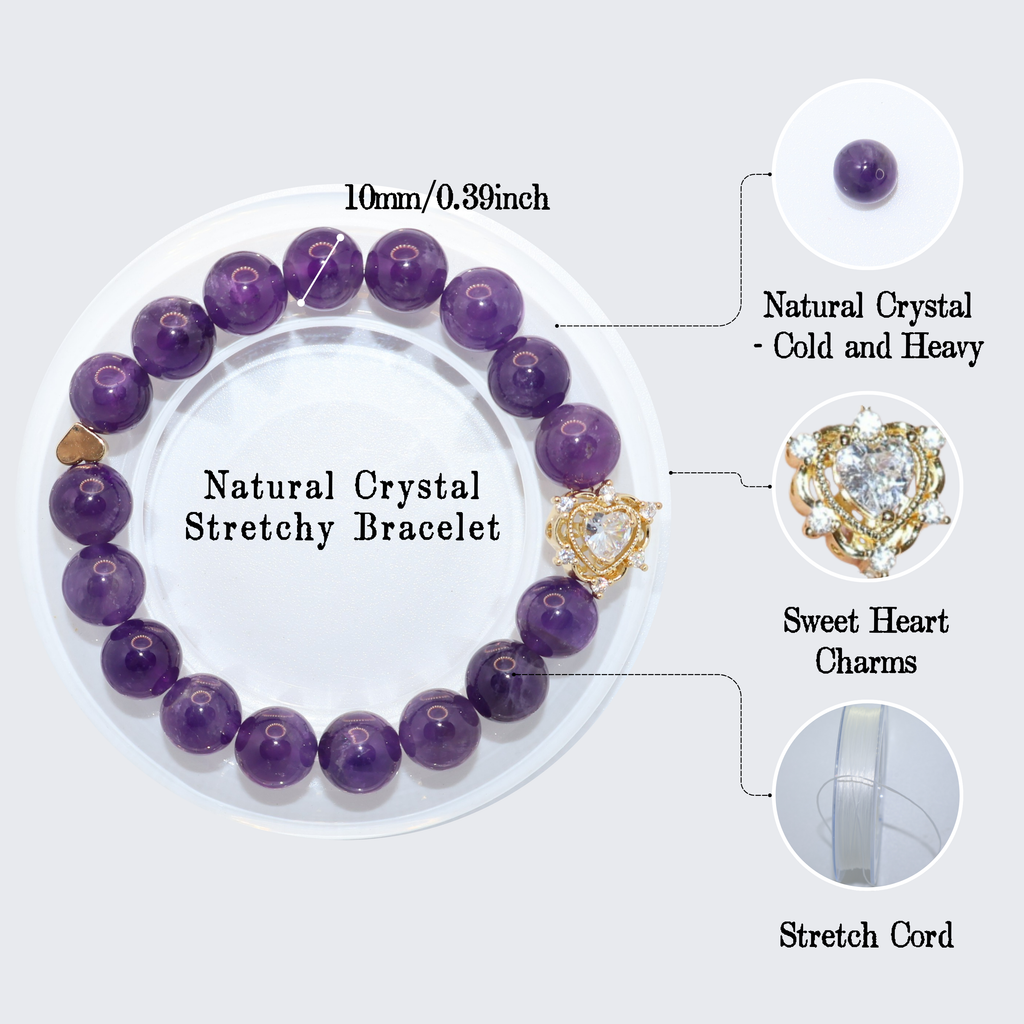 Natural Amethyst Crystal Stretch Bracelet | Double Sweet Heart Charms (10mm, ONE SIZE)