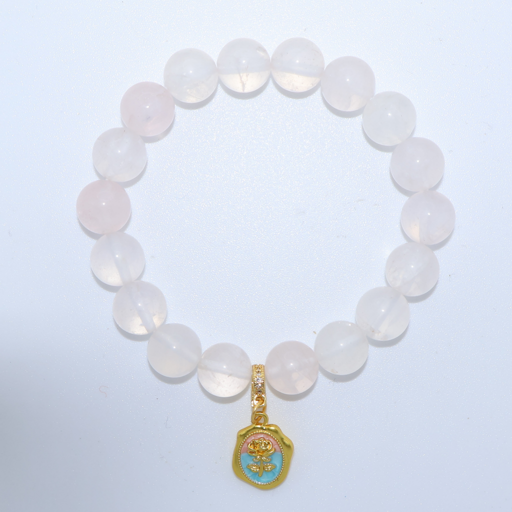 Natural Rose Quartz Crystal Stretch Bracelet | Interchangeable Rotatable Charms (10mm, ONE SIZE)