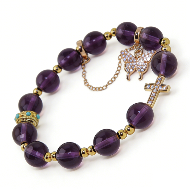 Regal Amethyst Charm Stretch Bracelet (10mm, ONE SIZE) | Crown + Cross + Butterfly