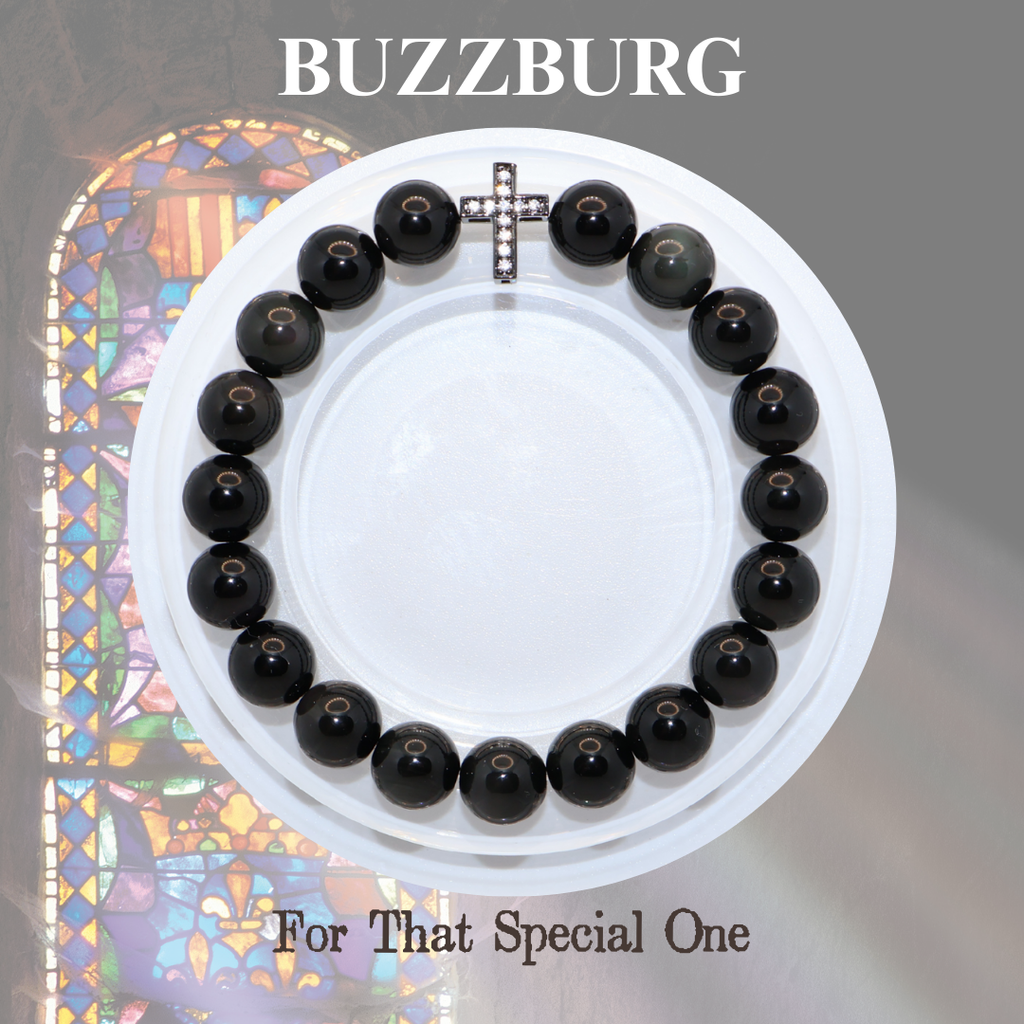 Natural Black Crystal Stretch Bracelet | Diamond Cross Charm (10mm, ONE SIZE)