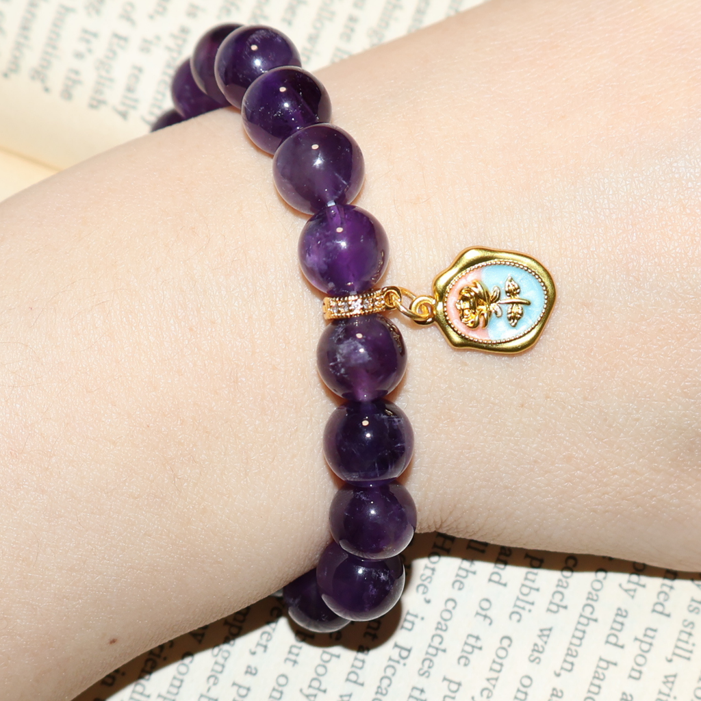 Natural Amethyst Crystal Stretch Bracelet | Interchangeable Rotatable Charms (10mm, ONE SIZE)