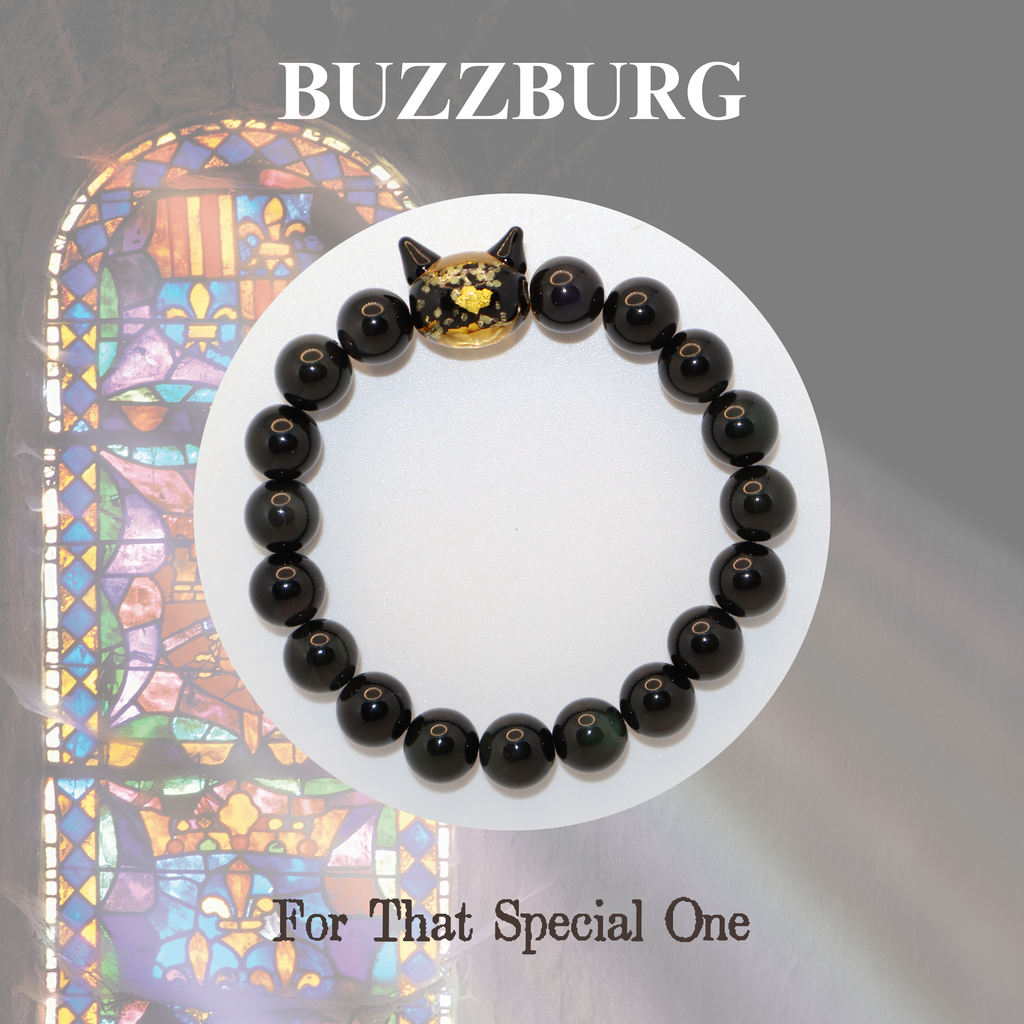 Natural Obsidian Crystal Stretch Bracelet | Luminous Black Cat Charm (10mm, ONE SIZE)