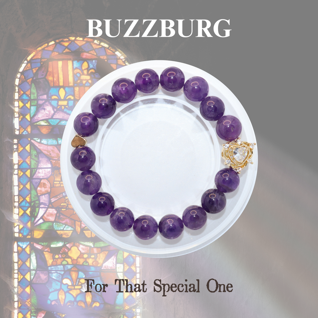 Natural Amethyst Crystal Stretch Bracelet | Double Sweet Heart Charms (10mm, ONE SIZE)