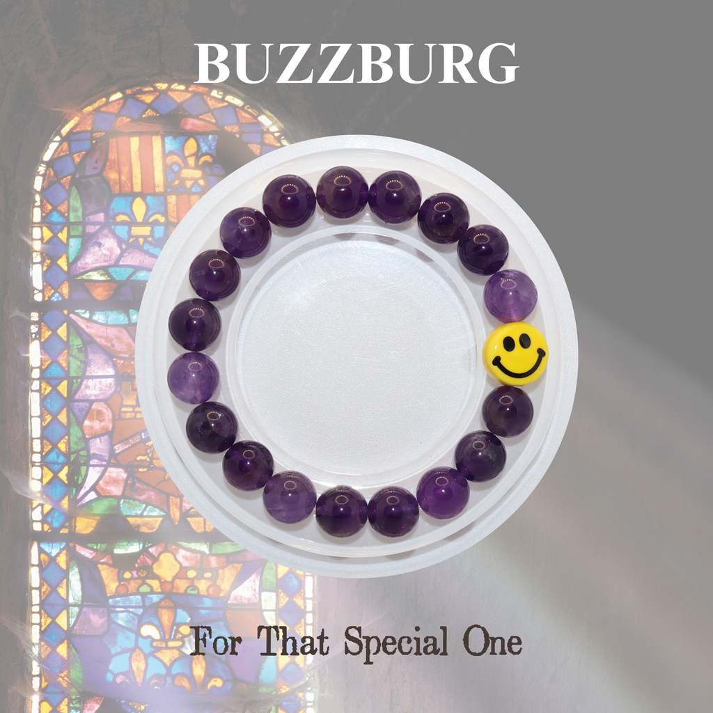 Natural Amethyst Crystal Stretch Bracelet | Smiley Face Charm (10mm, ONE SIZE)
