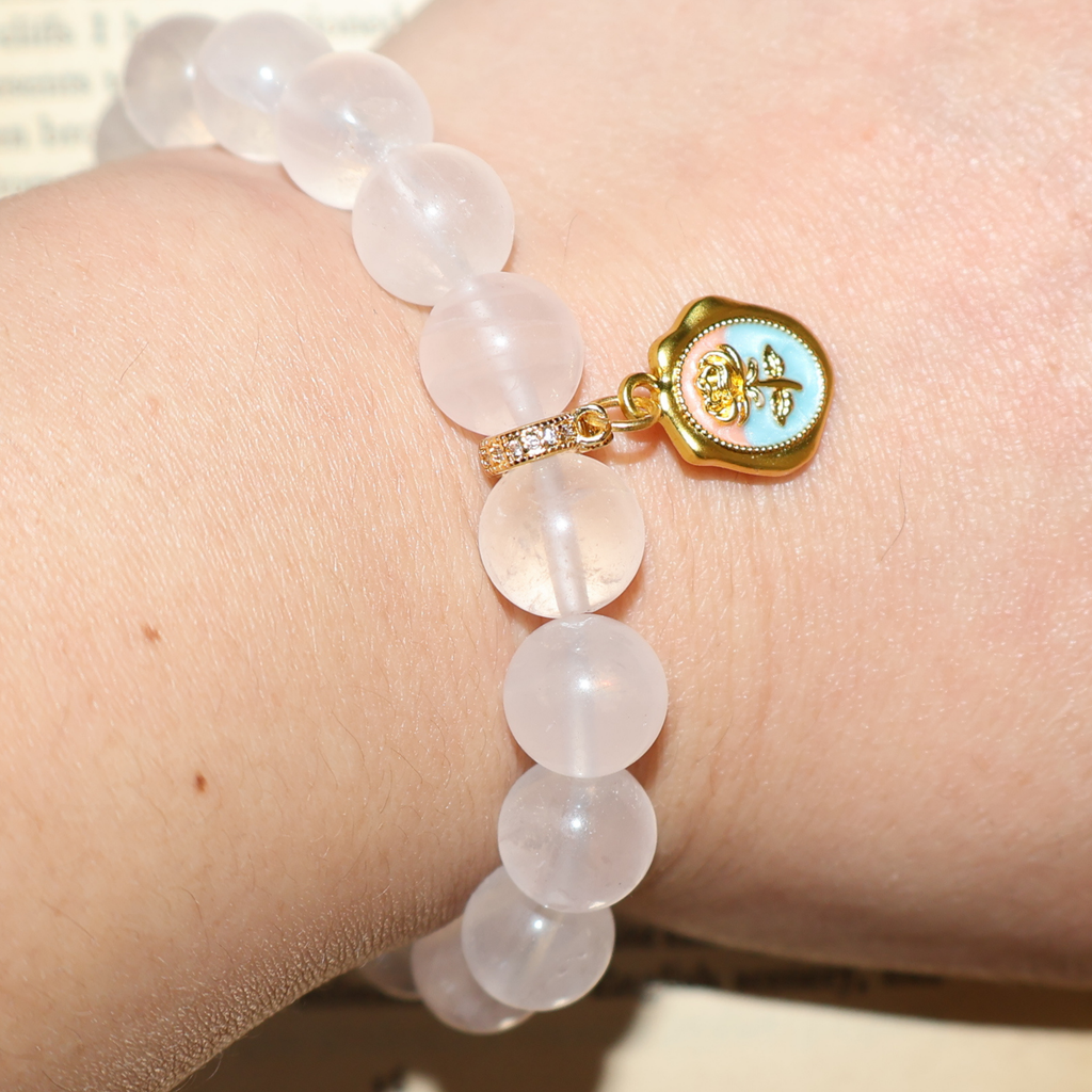 Natural Rose Quartz Crystal Stretch Bracelet | Interchangeable Rotatable Charms (10mm, ONE SIZE)
