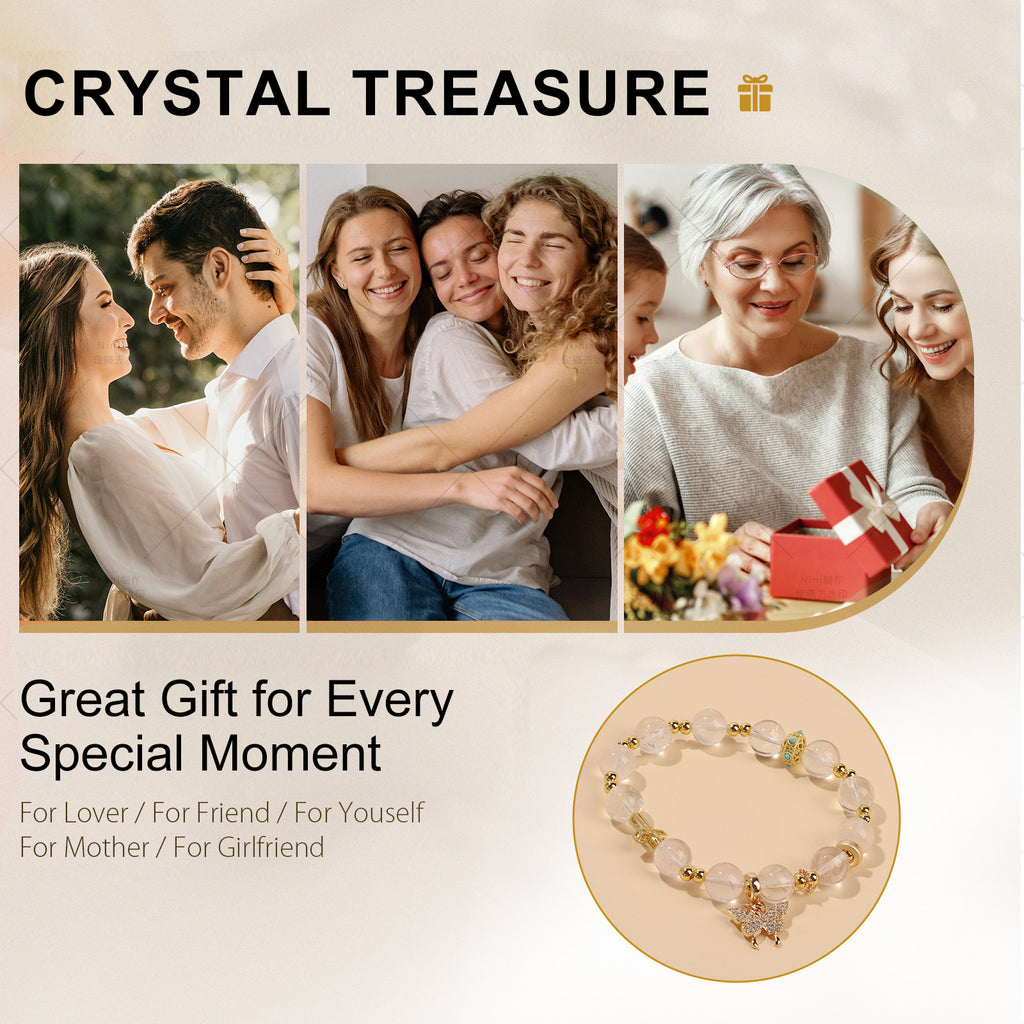 Luminous Clear Quartz Charm Stretch Bracelet (10mm, ONE SIZE) | Crown + Cross + Butterfly
