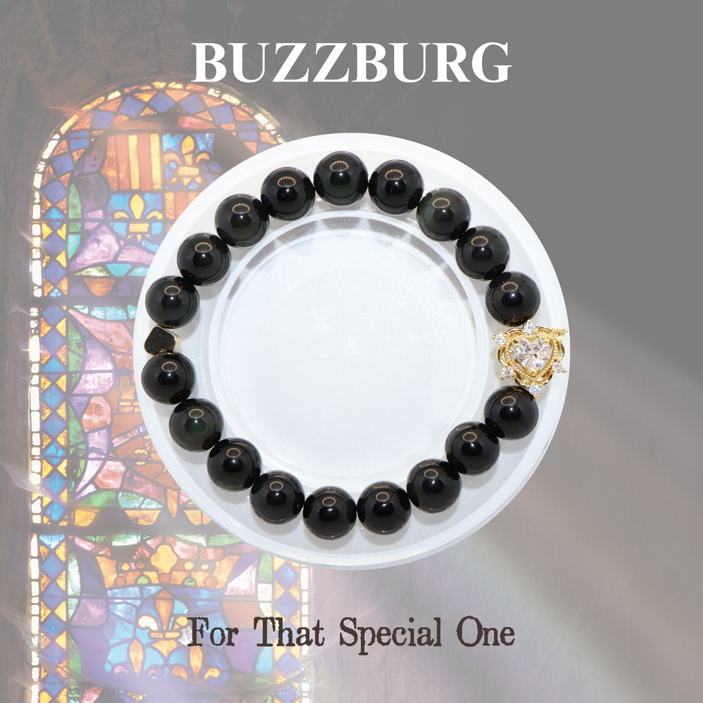 Natural Obsidian Crystal Stretch Bracelet | Double Sweet Heart Charms (10mm, ONE SIZE)