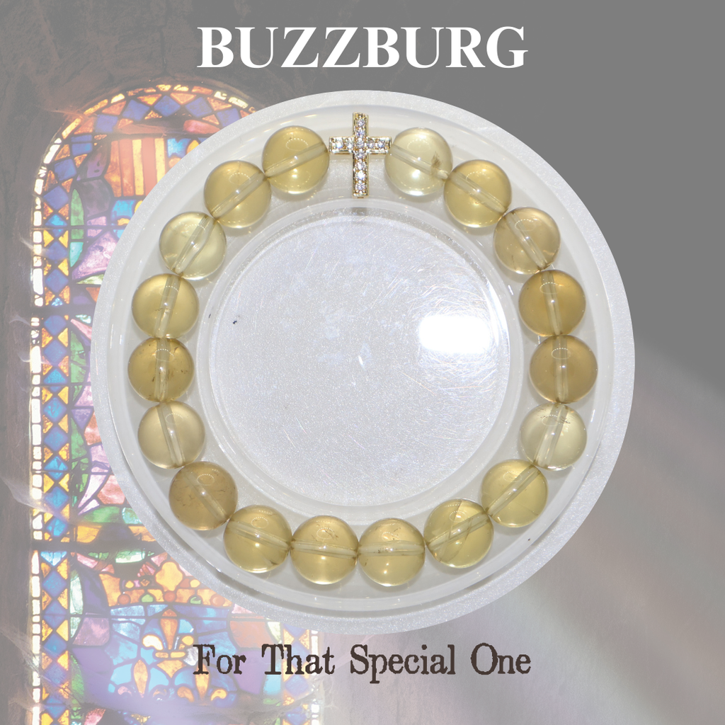 Natural Citrine Crystal Stretch Bracelet | Diamond Cross Charm (10mm, ONE SIZE)