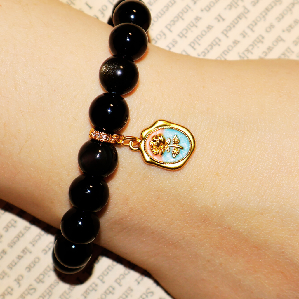 Natural Obsidian Crystal Stretch Bracelet | Interchangeable Rotatable Charms (10mm, ONE SIZE)