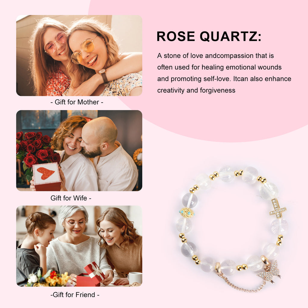 Romantic Rose Quartz Charm Stretch Bracelet (10mm, ONE SIZE) | Crown + Cross + Butterfly