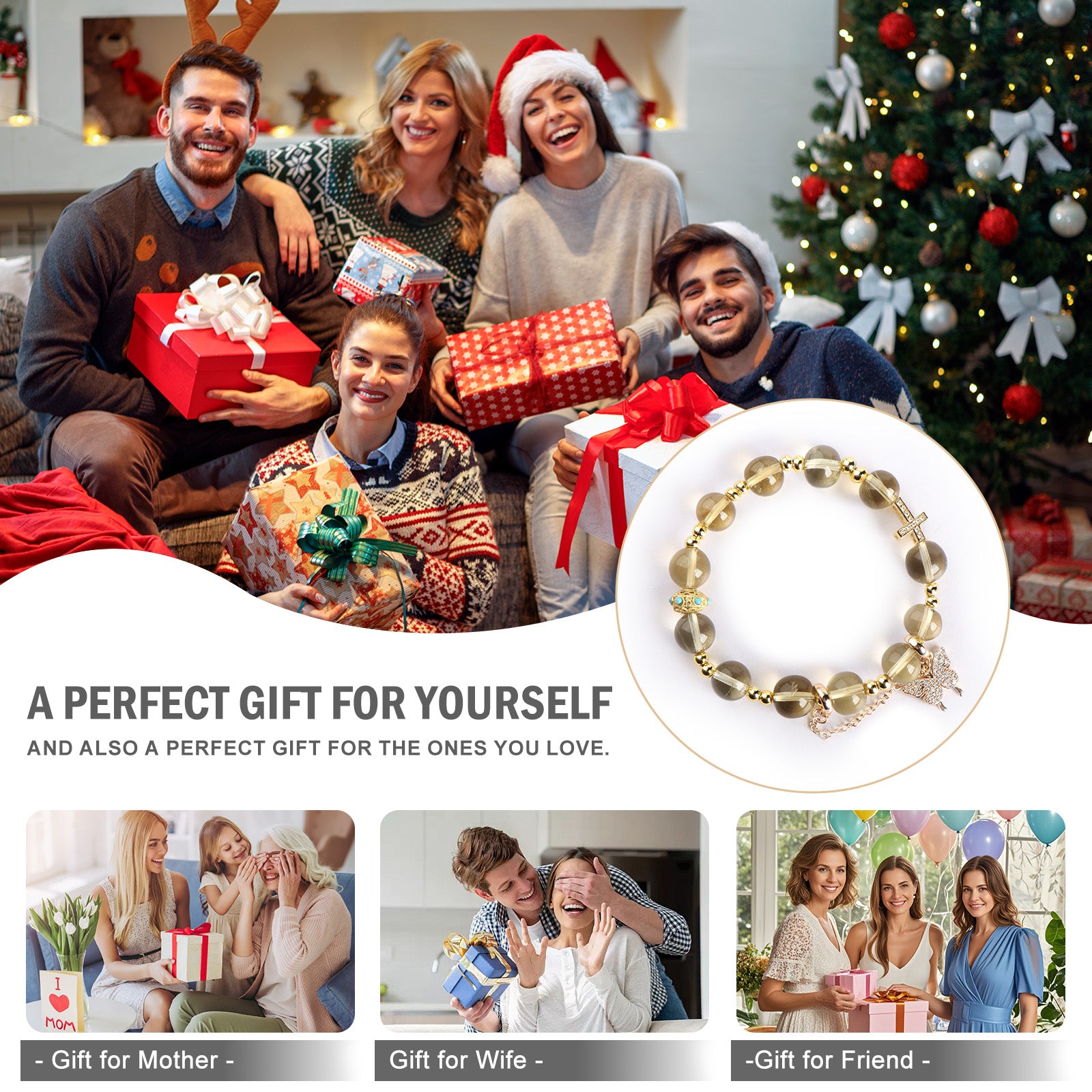 Luxe Citrine Charm Stretch Bracelet (10mm, ONE SIZE) | Crown + Cross + Butterfly