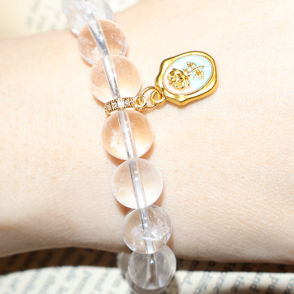 Natural Clear Quartz Crystal Stretch Bracelet | Interchangeable Rotatable Charms (10mm, ONE SIZE)