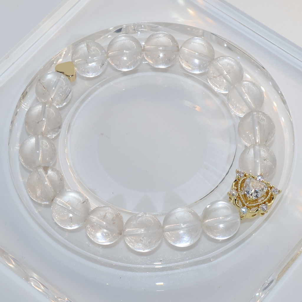 Natural Clear Quartz Crystal Stretch Bracelet | Double Sweet Heart Charms (10mm, ONE SIZE)