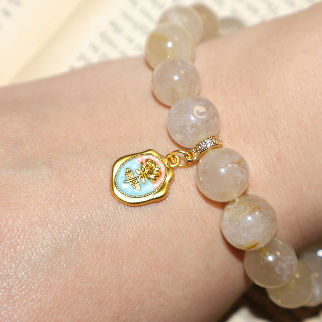 Natural Rutilated Quartz Crystal Stretch Bracelet | Interchangeable Rotatable Charms (10mm, ONE SIZE)