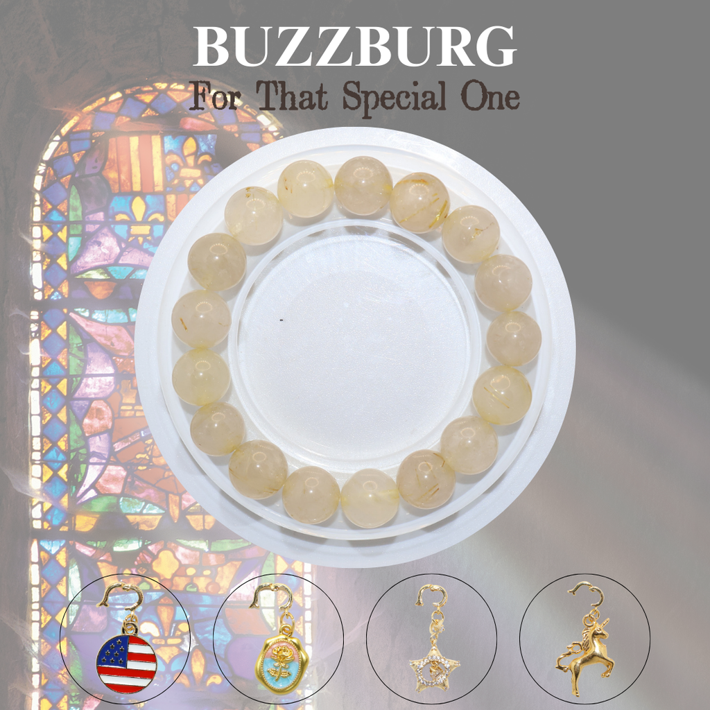 Natural Rutilated Quartz Crystal Stretch Bracelet | Interchangeable Rotatable Charms (10mm, ONE SIZE)