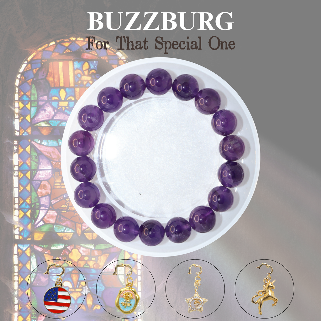 Natural Amethyst Crystal Stretch Bracelet | Interchangeable Rotatable Charms (10mm, ONE SIZE)