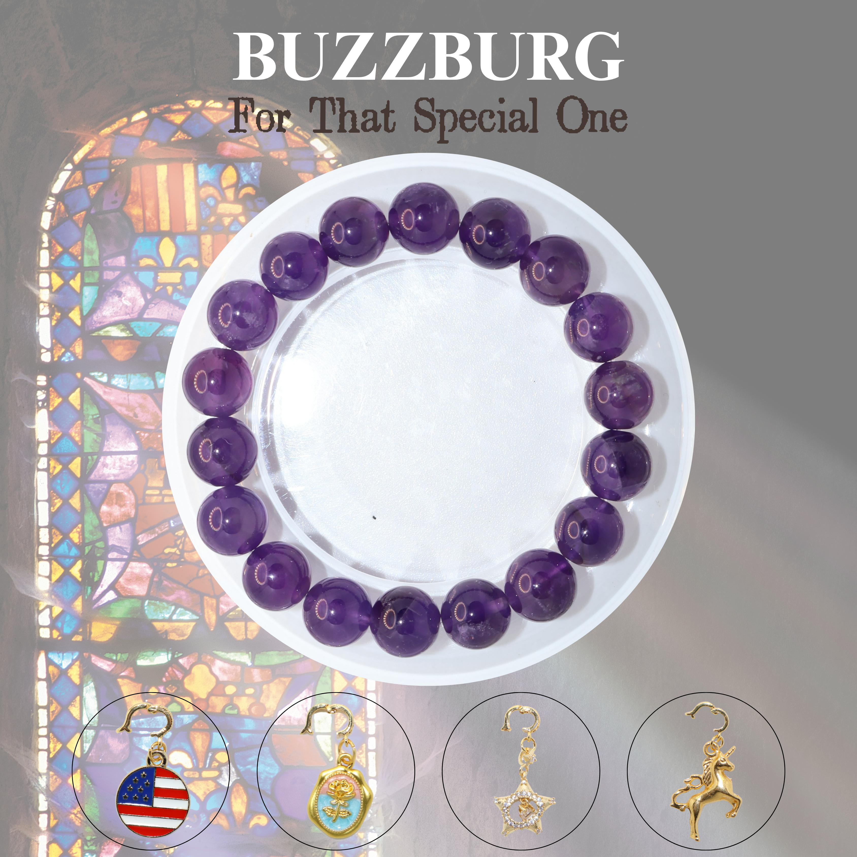 Natural Amethyst Crystal Stretch Bracelet | Interchangeable Rotatable Charms (10mm, ONE SIZE)