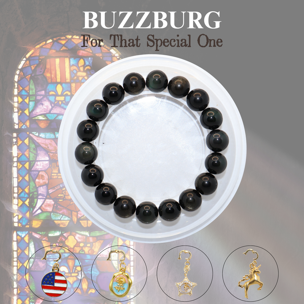 Natural Obsidian Crystal Stretch Bracelet | Interchangeable Rotatable Charms (10mm, ONE SIZE)