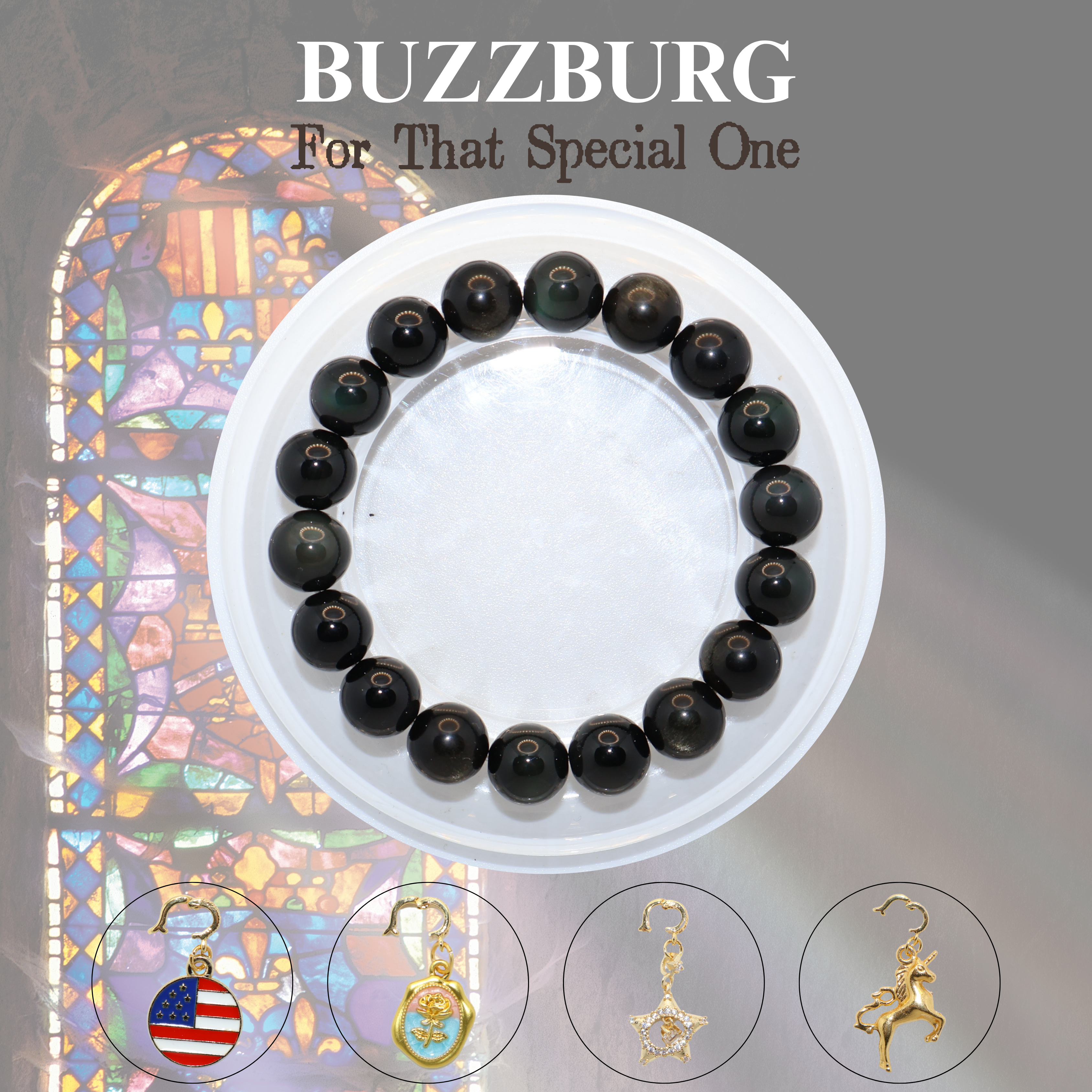 Natural Obsidian Crystal Stretch Bracelet | Interchangeable Rotatable Charms (10mm, ONE SIZE)