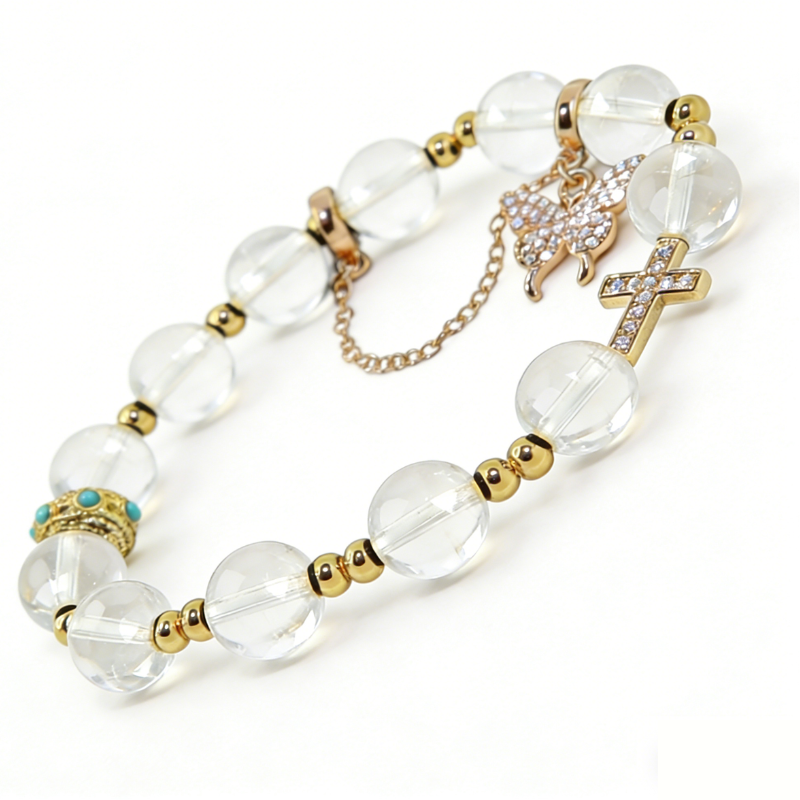 Luminous Clear Quartz Charm Stretch Bracelet (10mm, ONE SIZE) | Crown + Cross + Butterfly